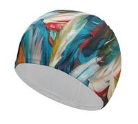Colorful Feather Pattern Bathing Cap High Elasticity Swimming Caps Fit Both Long Hair Short Hair Comfortable Large Shower Cap for Drag Reduction and Hair Protection
