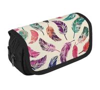 Colorful Feather Pattern Pencil Case Organizer Large Capacity Cute Pen Pouch with 3 Compartment Office Stationery Large Pencil Bags with Zipper Fabric Pen Bag for Adults Portable Makeup Bag (Black)