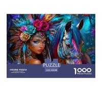 Colorful Feather Woman 1000 Piece Jigsaw Puzzle Paper Puzzle Game for Adults Dream Horse Home Decor 52x38cm/1000pcs
