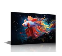 Colorful Fighter Fish Wall Art for Living Room, Canvas Wall Decor for Bedroom, Siamese Fighting Fish Colorful Print Paintings, Framed Ready to Hang Size 24x36 Inches