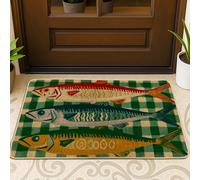 Colorful Fish Doormat, Green Checkered Outdoor & Indoor Entrance Decor, Rubber Waterproof Non-Slip Dust Absorbent Welcome Mat, Easy Care 29x17 Inch