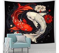 Colorful Fish Fish Tapestry, Black Red White Decorative Wall Hanging, Asian Inspired Tapestry for Living Room, Bedroom, Dorm, Home Décor 60x80 Inch