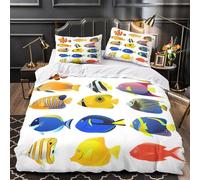 Colorful fish icons 3D Printed Duvet Insert Cover 3-Piece Microfiber Lightweight Breathable Cartoon marine life Comforter Cover 2 Pillowcases Hidden Zipper Bed Set Girls Bedroom Single (135x200cm)