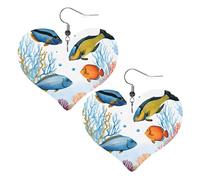 colorful fish in the sea Double-Sided Faux Leather Large Dangle Earrings for Women Heart-Shape Lightweight Spring Winter Decorative Earrings for Holiday Concert Party Decor Gifts