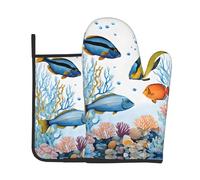 Colorful Fish in The Sea Print Oven Mitts and Pot Holders Sets Waterproof Kitchen Mitts with Storage Rope for Microwave, Stove, and Outdoor BBQ