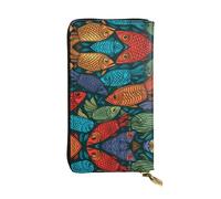 Colorful fish pattern Long leather wallet, portable credit card holder, zippered coin purse, and ID compartment