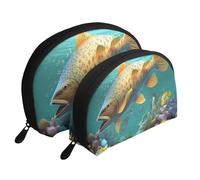 Colorful Fish Under The sea Printing Shell Makeup Bag Set 2-Piece Cosmetic Bags Portable Travel Makeup Storage Bag for Women Girls