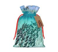 (Colorful Fishes) Large Reusable Burlap Pouches Rustic Wedding Favor Xmas Bags Drawstring Gift Sacks Bulk Party. S Size