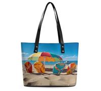 Colorful Flip Flops Beach Ball Tote Bag Large Soft Leather Purse with Zipper Lightweight Ladies Shoulder Handbag