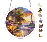 Colorful Floral Balcony Paris Eiffel 7.8x7.8Inch Acrylic Hanging Puzzle Suncatcher, Crystal Window Decor Wall Art Ornament, Home Decoration Gift