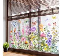 Colorful Floral Bouquet Window Sticker Cut to Size,Floral Pattern Window Sticker,Garden Flower Window Clings,Spring Summer Wildflower Grass Window Decals,Anti Collision Static Window Stickers (B-1)