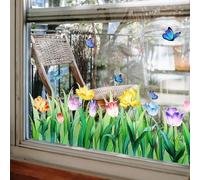 Colorful Floral Bouquet Window Sticker Cut to Size,Floral Pattern Window Sticker,Garden Flower Window Clings,Spring Summer Wildflower Grass Window Decals,Anti Collision Static Window Stickers (D-1)
