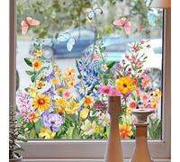 Colorful Floral Bouquet Window Sticker, Garden Flower Window Clings, Spring Summer Wildflower Grass Window Decals, Sunflower Butterflies Daisy Florals Double-Side Anti-Collision Static Clings(C1)