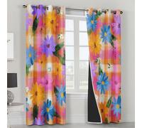 Colorful Floral Curtains for Bedroom Home Decor, Groovy Flower Plaid Blackout Curtains Living Room, Thermal Eyelet Window Drapes, 2 Panels 84 Drop, 52x84 (W x L) L-C&55