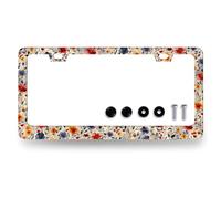 Colorful Floral Flower Retro License Plate Frame Universal Stainless Steel License Plate Holder with 2 Holes and Screws 12.2"x6.2" for Men Women Car Decoration