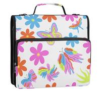 Colorful Floral Pattern 1.5 Inch 3 Rings Zipper Binder Organizer with Shoulder Strap & Handle Waterproof Documents Files Storage Bag Suitable for Middle School
