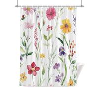 Colorful Floral Shower Curtain for Bathroom, Spring Red Yellow Flower Leaf Rustic Watercolor Waterproof Cloth Fabric Bathroom Accessories Set with 12 Rust Proof Plastic Hooks, 36” x 78”