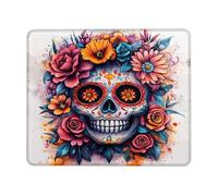 Colorful Floral Skull Mouse Pad, Multi-Color Sugar Skull Design Stitched Edge Mousepad, Rubber Non-Slip Washable Gaming Mouse Pad for Halloween Decor and Office Use Square 8x10 Inch