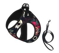 Colorful floral skulls print Dog Harness and Leash Set, Reflective Adjustable Puppy Vest for Small Medium Large Dogs, Cats