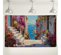 Colorful Floral Street Scene Backdrop, Vibrant Mediterranean Wall Decoration for Photography, Summer Party & Event Background 71x43 Inch