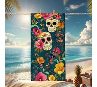 Colorful Floral Sugar Skull Beach Towel, Quick Dry Microfiber Oversize Lightweight Bath Towel, Sand Free Absorbent for Summer Vacation Pool Gym Camping Essentials 70x35 Inch