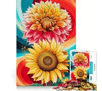 Colorful Floral Sunflower And Dahlia Abstract Waves 1000 Pieces Puzzles for Adults Strong Memory Quality Print Fun Challenge Night Fun (38x26cm)