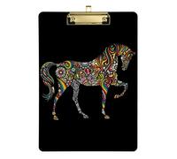 Colorful Floral Tribal Ethnic Horse on BlackPlastic Clipboard A4 Letter Size PVC Writing Board with Low Profile Gold Metal Clip Hardboard for School, Office 12.5x9 Inch