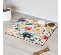Colorful Floral Watercolor Absorbent Dog Food Mat with Non-Slip Backing, 24 x 32 inch Feeding Mat for Puppy Cat Bowls, Spill-Proof Pet Diner Placemat for Kitchen Floors