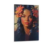 Colorful Floral Woman Canvas Wall Art Vibrant Portrait Poster with Be Kind Text And Tropical Flowers for Bedroom Studio Dorm Living Room Inspirational Boho Decor Gift 12x18inch(30x45cm) Framed