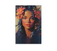 Colorful Floral Woman Canvas Wall Art Vibrant Portrait Poster with Be Kind Text And Tropical Flowers for Bedroom Studio Dorm Living Room Inspirational Boho Decor Gift 08x12inch(20x30cm) Unframed