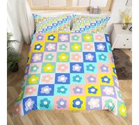 Colorful Flower Bedding Set for Girls Single Groovy Floral Duvet Cover for Kids,60S 70S 80S Funky Style Comforter Cover,Hippie Geometric Plaid Check Bed Sets with 1 Pillowcase
