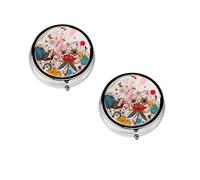 (Colorful Flower Butterfly) Round Pill Box with 3 Compartment Small Pill Organizer Portable Pill Case Vitamin Containers, Travel Essentials 4.6x4.6x1.8 cm