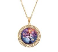 Colorful Flower Butterfly Tree Necklace Personalized Picture Circle Chain Necklace Personalized Dog Tag Pendant 20 Inch Round Photo Necklaces, One size, Titanium Steel, Rhinestone