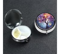 Colorful Flower Butterfly Tree Pill Box 3 Compartment Round Portable Pill Case for Pocket or Purse Small Weekly Medicine Planner Travel Pillbox with Mirror Decorative Metal Vitamin Holder Gifts