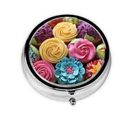 Colorful Flower Cake Print Pill Box 3 Compartments Round Pill Organizer Metal Waterproof Portable Pill Case for Pocket or Purse Vitamin/Fish Oil/Pills/Supplements