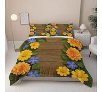 Colorful Flower Duvet Cover Set, Retro Wood Grain Reversible Bedding Set, Rural Flower Polycotton 3 pcs Lightweight Premium Quilt Cover Set for All Seasons With Zipper (Natural Floral, Single)