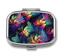 Colorful Flower Pill Box 2 Compartment, Portable Pill Case with Mirror for Pocket Purse Travel, Mini Metal Medicine Organizer for Vitamins Fish Oil