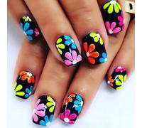 Colorful Flower Press on Nails Black Base Square Short Fake Nails with Bright Floral Design Vibrant Summer Party Nails for Women Trendy Reusable Acrylic Nail Tips