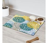 Colorful Flower Shapes Absorbent Dog Food Mat with Non-Slip Backing, 16 x 24 inch Feeding Mat for Puppy Cat Bowls, Spill-Proof Pet Diner Placemat for Kitchen Floors