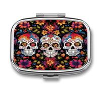 Colorful Flower Skulls Pill Box Pill Organizer Pill Case 2 Compartment Medicine Pill Organizer Small Pill Case Pill Container Pill Holder Cute Pill Box Mini Pill Case