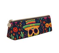 Colorful Flower Skulls Print Large Capacity Leather Pencil Case Smooth Zippered Pen Pouch School Travel Makeup