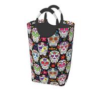 Colorful Flower Skulls Print Laundry Hamper Collapsible Baskets With Handle Dirty Clothes Hamper Bag For Dorm Family Bathroom Decor Storage