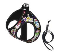 Colorful Flower Skulls Print Small Dog Harness And Leash Set, Adjustable Soft Vest With 360° Reflective Straps For Cats Puppy