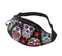 Colorful Flower Skulls Sport Waist Bag Travel Bumbags with Zipper and Earphone Hole, Running Fanny Pack Waist Pack with Adjustable Belt for Men Women