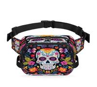 Colorful Flower Sugar Skull Fanny Pack for Women Men, Waterproof Waist Bag with Adjustable Strap Dual Zippers, Lightweight Crossbody Chest Bag for Running Hiking Sports