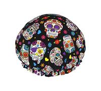 Colorful Flower Sugar Skulls Shower Cap Waterproof Luxury Shower Caps for Women Reusable Bath Hair Cap Fashion Shower Hat with Elastic Easy to Wear