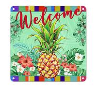 Colorful Flower Tin Sign Welcome Pineapple Metal Plaque Summer Plants Southern Style Farm Fresh Fruit Aluminum Metal Plaque Man Cave Signs Hanging Mural Housewarming Gift 12x12in