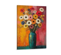 Colorful Flower Vase Wall Art Poster Bold Abstract Floral Bouquet Painting with Bright Redange Yellow Tones Modern Botanical Canvas Decor Kitchen Living Room Hallway Office Gift 16x24inch Frame