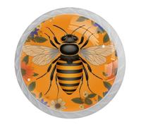 Colorful Flowers and Bee 4 PCS Cabinet Knobs, Round Crystal Glass Decoration ABS Material Kitchen Hardware, Furniture Drawer Knobs Cupboard Single Hole Pull Handles