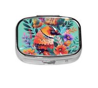 Colorful Flowers and Birds Print Pill Box Square Pill Case 2 Compartment Small Metal Medicine Organizer Portable Travel Pillbox for Pocket Purse Cute Mini Pill Container to Hold Daily Vitamins